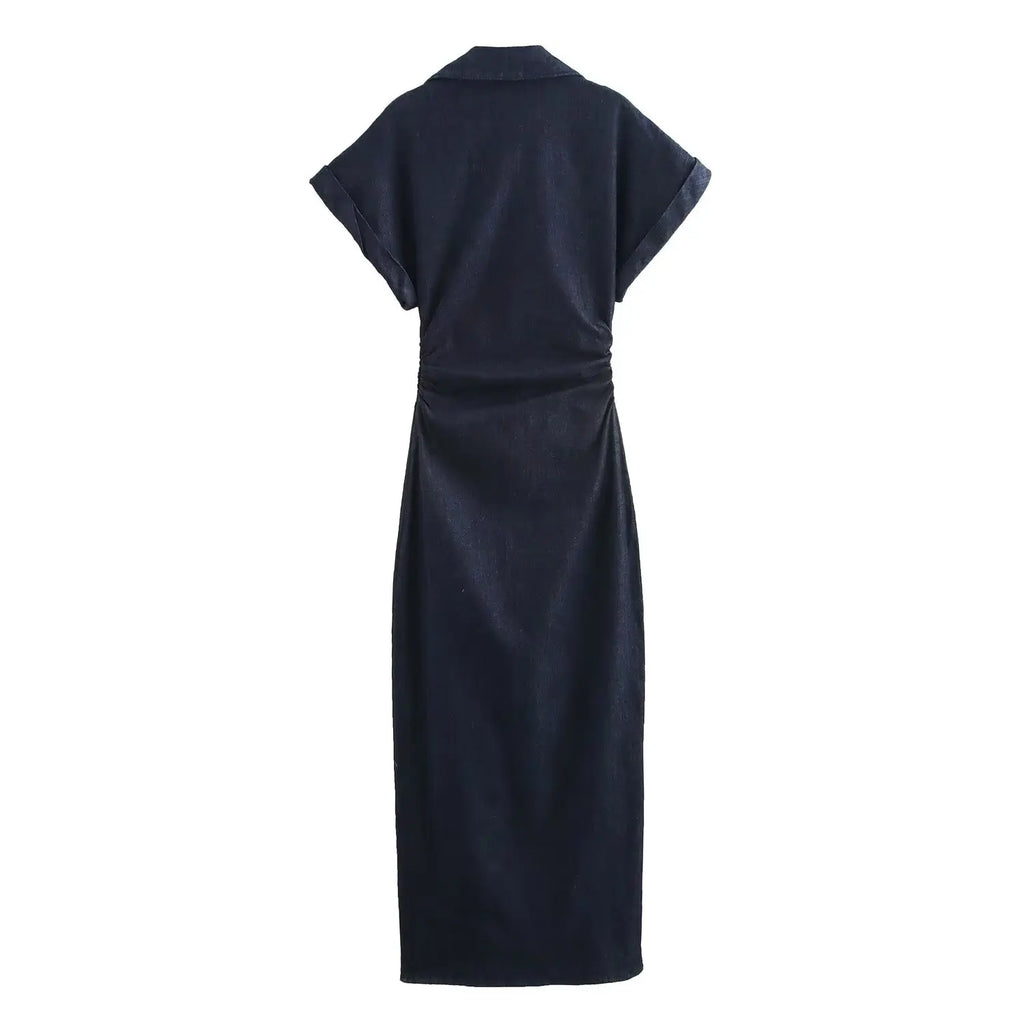 ETJ 2026  Spring New 1975 series denim MIDI dress with lapel side zipper fashion wrinkle waist slim elegant dress