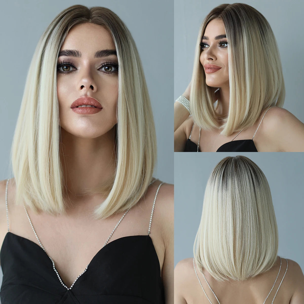7JHH WIGS Short Bob Wig Ombre Blonde Wig for Women Daily Party Natural Synthetic Hair Wig with Bangs Heat Resistant Fiber