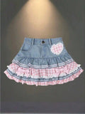 Womens Denim Pleated Skirt With Gingham Ruffles And Bow Detail