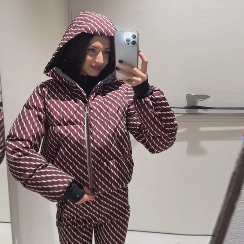 Fashion Pink Ski Suit Set Women Winter Hooded Zipper Pockets Padded Jacket Pants Suit Lady New Casual Holiday Warm Outwear 2026