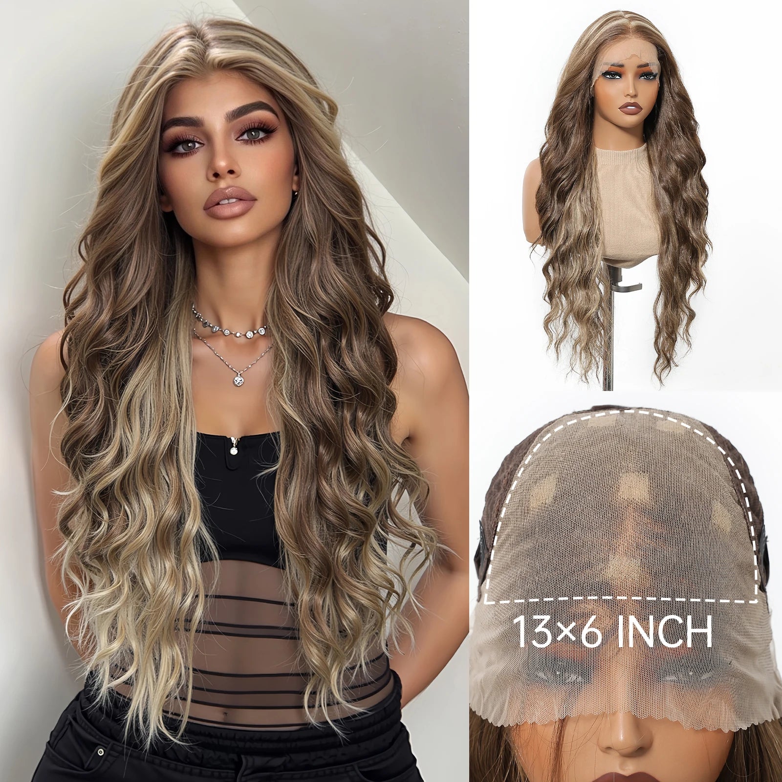 HENRY MARGU Brown Blonde Highlight Synthetic Wigs 13*6 Lace Front Long Wavy Fake Hair for Women Realistic Natural Wig Daily Use