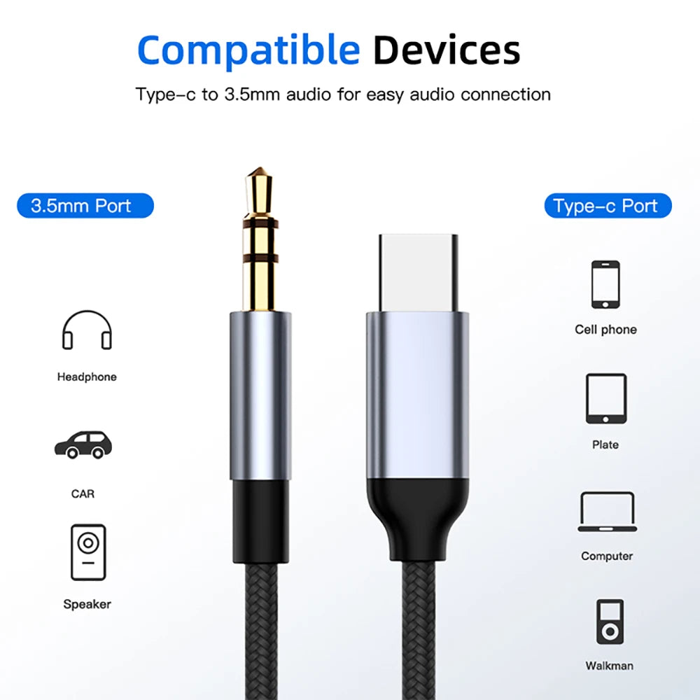 0.5m/1m/1.5m/2m Audio extension cord USB C To 3.5mm Audio line Car Video Headphone Speaker Adapter Type C To 3.5Mm Jack AUX Cord