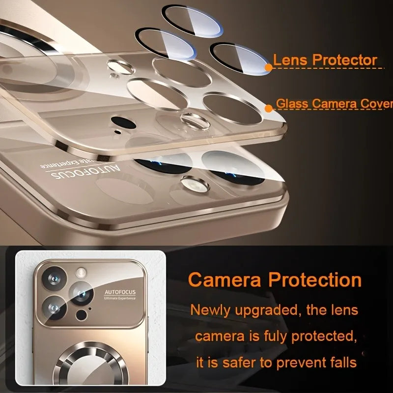 Luxury Titanium Metallic Glass Window Magnetic Wireless Charging Phone Case for iPhone 16 15 14 13 12 11 Pro Max Plus Back Cover