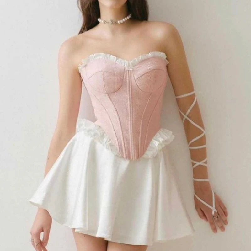 YENKYE Sexy Women Sweet Patchwork Fish Bone Slim Fit Strapless Top Chic Party Summer Crop Top