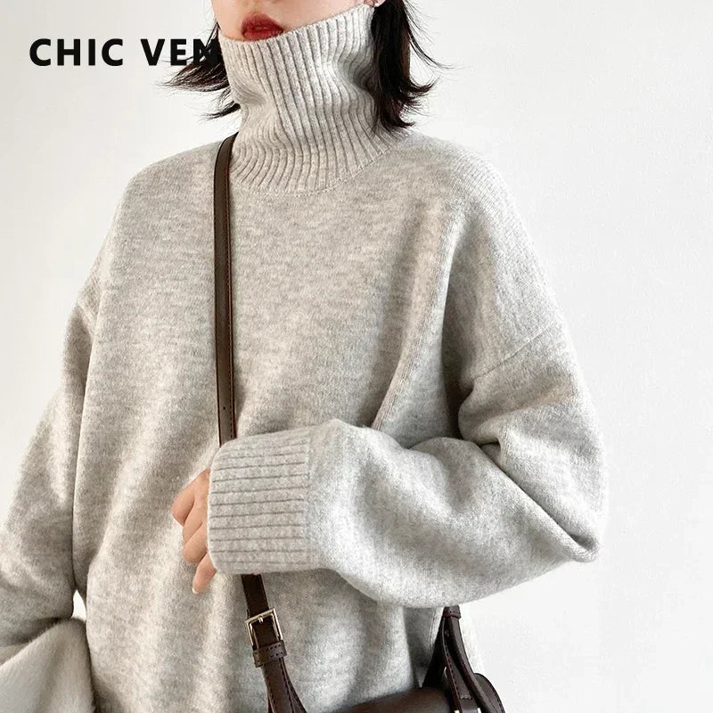 CHIC VEN Korean Women's Sweater Loose Turtleneck Sweaters Warm Solid Pullover Knitwear Basic Female Tops Autumn Winter 2026