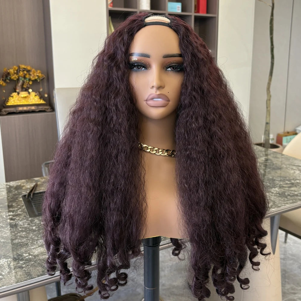 Afro Curly Yaki Wigs for Black WomenHeadband Kinky Straight Full Machine Synthetic Wigs Yaki Straight Glueless Clip in Vpart Wig