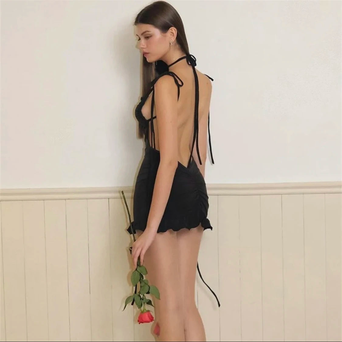 2026 European and American New High end Y2K Sexy Open Back Lace up Slim Fit Spicy Girl Short Skirt