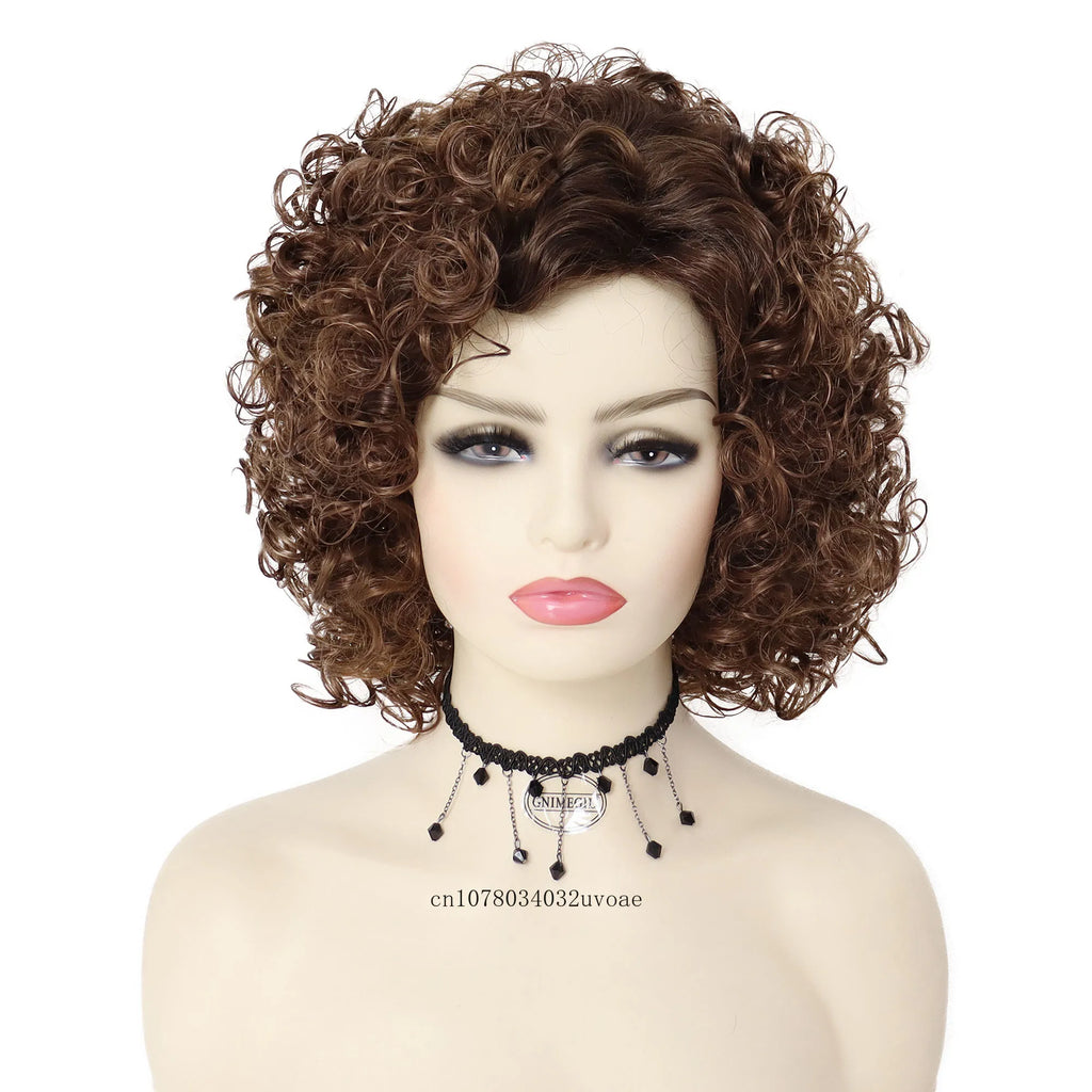 Synthetic Afro Curly Short Wigs for Women Dark Brown Wig with Bangs Sandy Grease Wig Ombre Wigs Halloween Costume Wig Cosplay