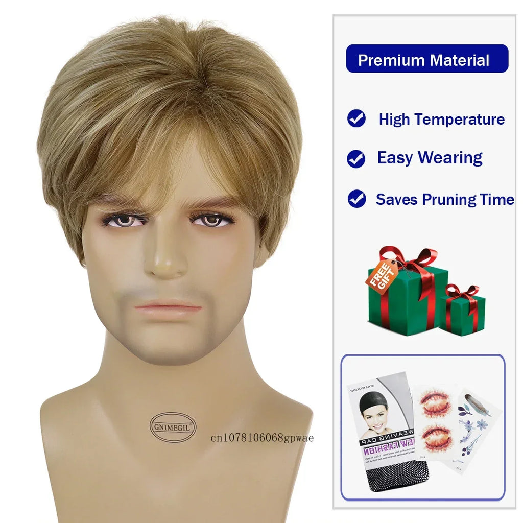 Synthetic Hair Short Straight Men Wig Blonde Color Heat Resistant Wigs for Male Halloween Daily Costume Party Natural Looking