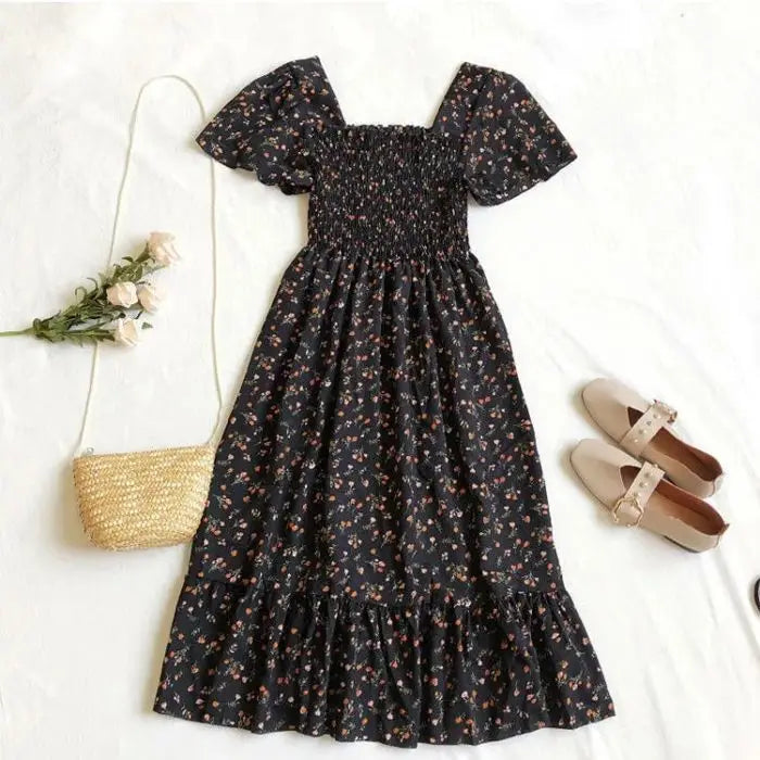 2026 New Spring Summer Dress Women Mini Dresses Female Short Sleeve Elastic Bust Printed Floral Pleated Backless Casual Dress