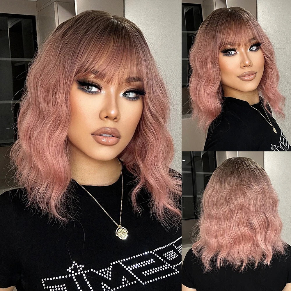 ELEMENT 16 Inch Ombre Golden Blonde Loose Curly Hair Wig with Bangs Lolita Cosplay Party Daily Wigs for Women