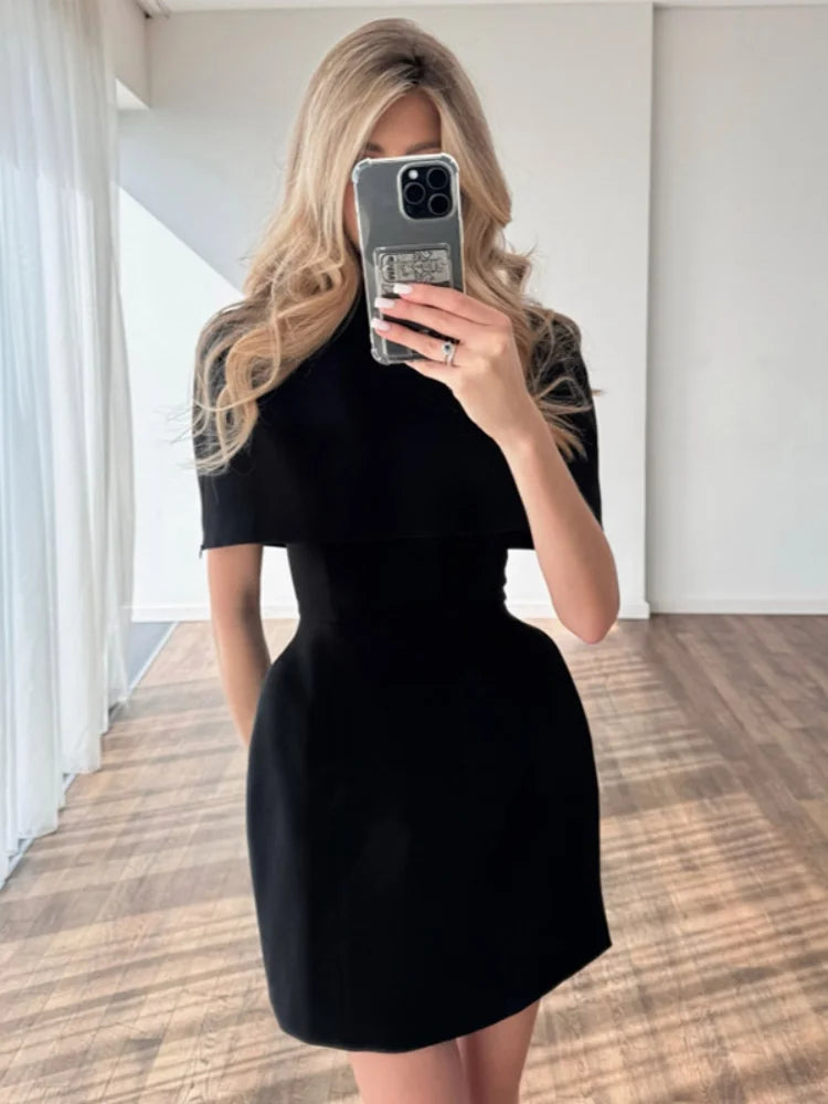 Elegant Solid Shawl Mini Dress Women Fashion Round Neck Waist Cinching Slim Fit Short Dresses Lady Daily Evening Dinner Vestidos