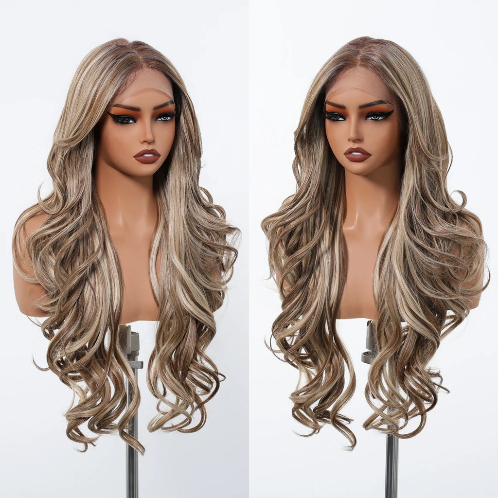 Brown Blonde Highlight Wigs 13*4 Lace Front Wig For Women Daily Party Long Layer Synthetic Hair Heat Resistant Natural Hairline