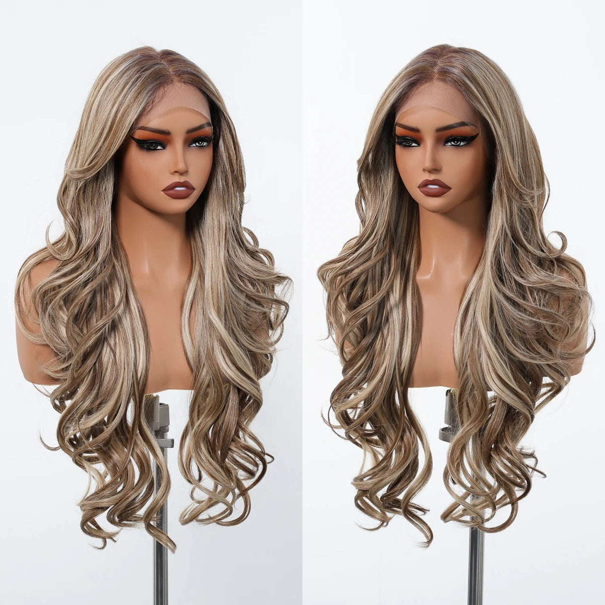 Brown Blonde Highlight Wigs 13*4 Lace Front Wig For Women Daily Party Long Layer Synthetic Hair Heat Resistant Natural Hairline