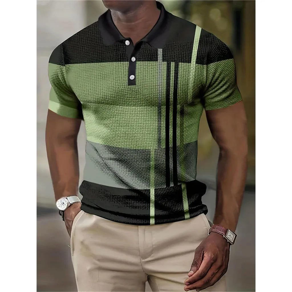 Summer Color Block Striped 3D Print Polo Shirts Men's Fashion Streetwear Button Lapel Short Sleeve Shirt Tees Tops Man Clothing