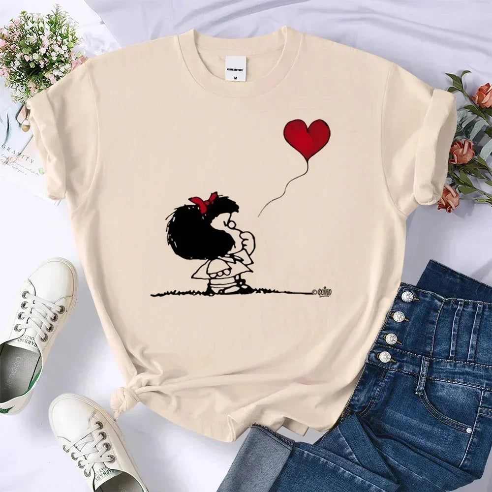 Mafalda Top Women's Casual Loose Comfortable Summer Pattern Manga T-shirt Female Designer Harajuku Clothing