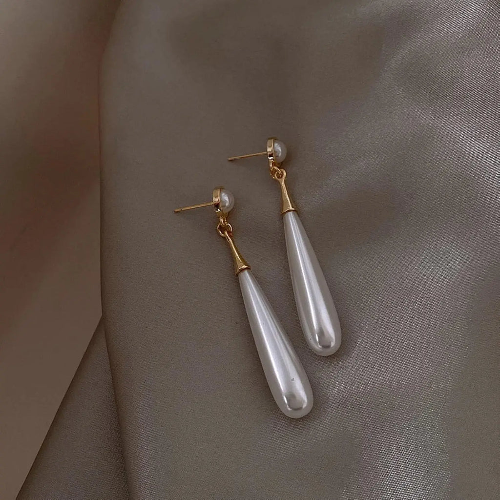 French Elegant Imitation Pearl Drop Shape Long Earrings Party for Women Trendy