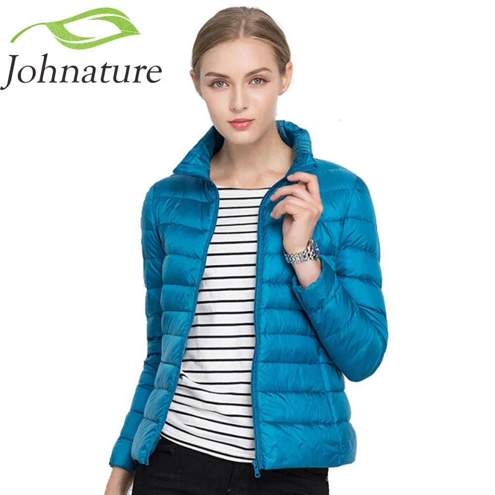 Johnature 2026 New Women Coat Autumn Winter White Duck Down Jacket Solid Colors Warm Slim Zipper Fashion Light Down Coat
