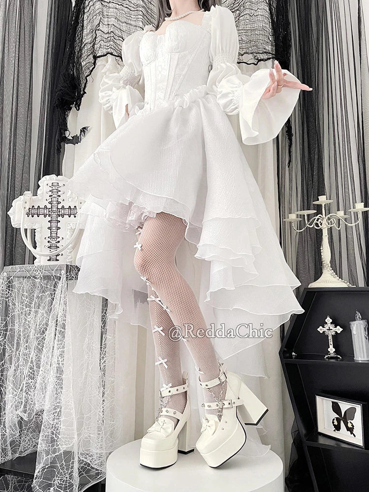 REDDACHiC Princess Trailing Party Gown Women White Floral Embroidery Puff Sleeves Lace Up Backless Hi-Lo Mini Dress Wedding Gown