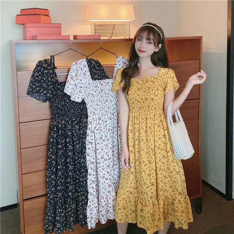 2026 New Spring Summer Dress Women Mini Dresses Female Short Sleeve Elastic Bust Printed Floral Pleated Backless Casual Dress