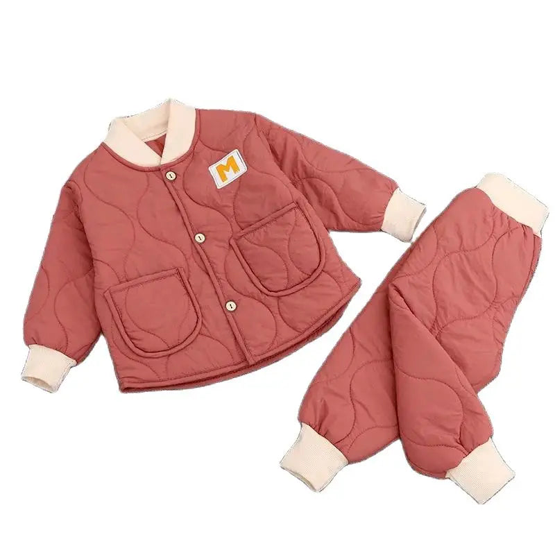 Children's Winter Padded Clothes Suit Boys Girls hooded Thickened Cotton Quilted Trousers0-5T Baby Home Service 2-Piece Set
