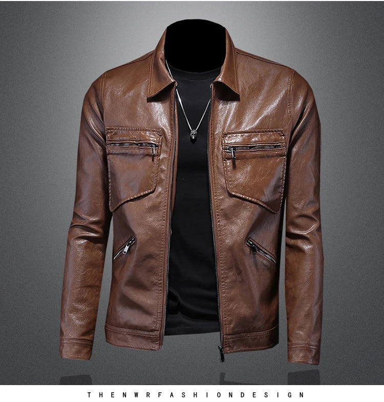 2024 Autumn and Winter New Men's Fashion Handsome Trend Business Leisure Lapel Motorcycle Leather Coat Slim Stylish Man  M-4XL