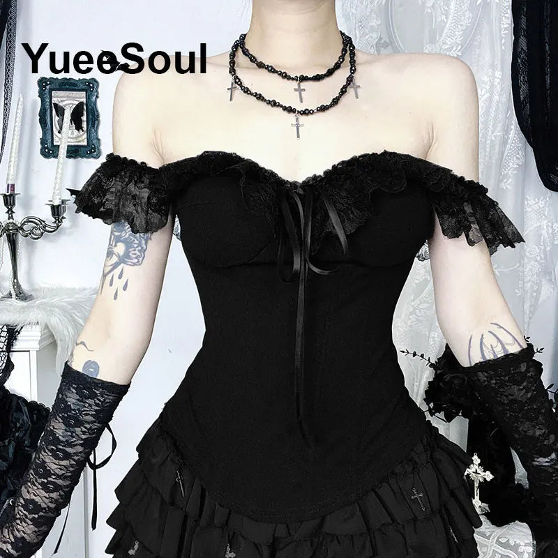 Gothic Crop Tops Black Spaghetti Strap Mesh Slim Corset Tops 2026 New Goth Punk Grunge Fairy Core Sexy Y2K Halloween Clothing