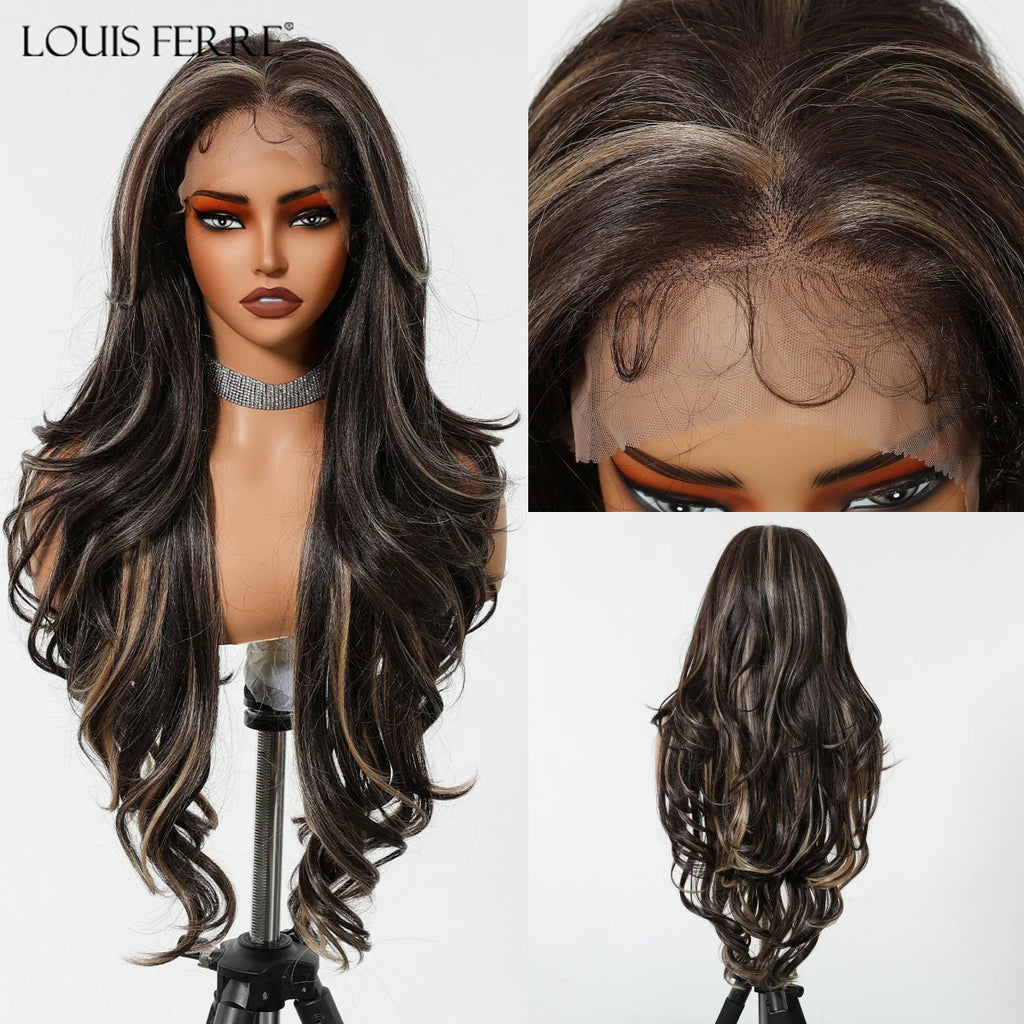 Brown Blonde Highlight Wigs 13*4 Lace Front Wig For Women Daily Party Long Layer Synthetic Hair Heat Resistant Natural Hairline