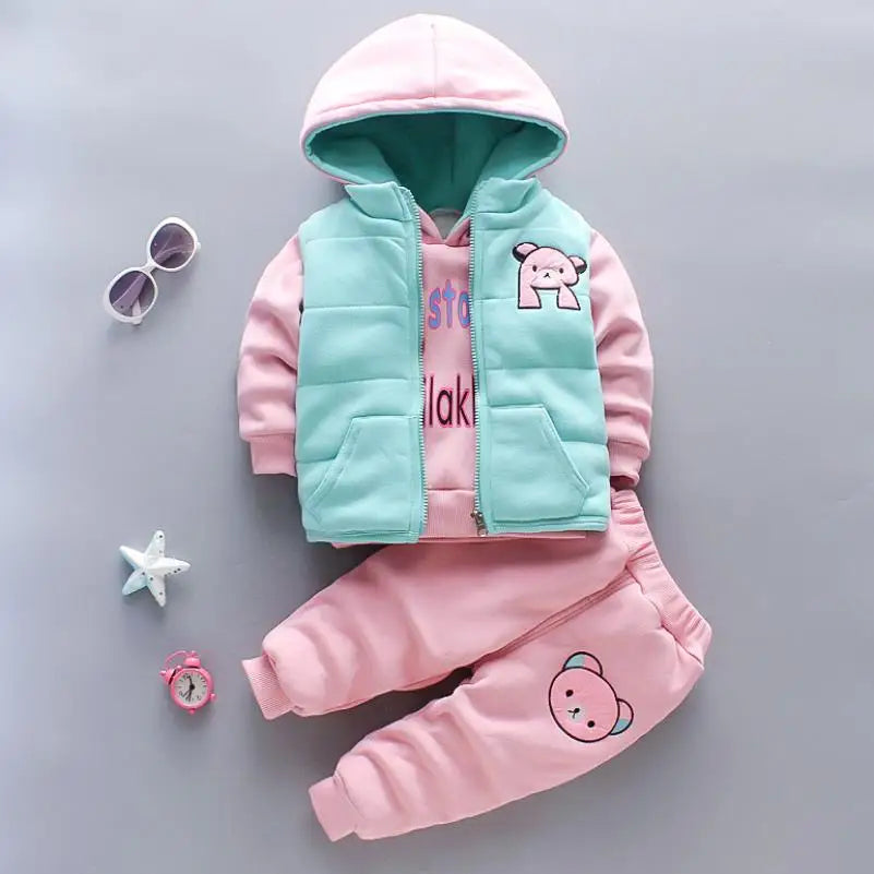 2026 New Baby Boys Girls Christmas Cartoon Winter Hooded Plush Warm Vest Coat+Sweatshirt+Pants 3Pcs Infant Children Sports Suit