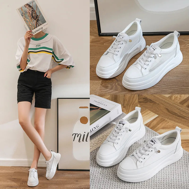 Fujin 4.5cm Genuine Leather Women Shoes Platform Flats Breathable Women Mesh Shoes White Sneakers Spring Autumn Summer Shoes