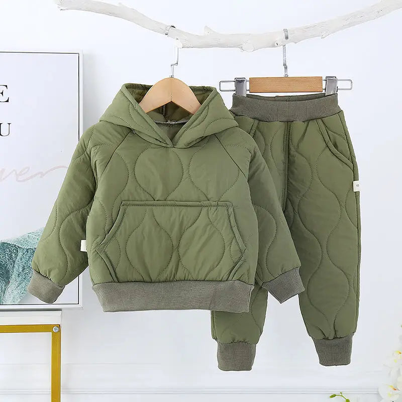 Children's Winter Padded Clothes Suit Boys Girls hooded Thickened Cotton Quilted Trousers0-5T Baby Home Service 2-Piece Set