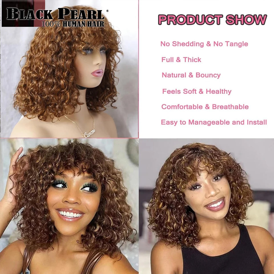 Human Hair Wigs with Bangs Curly Human Hair Wig Ombre Short Wigs Deep Curly Bob Wig with Bangs Highlight Blonde Glueless
