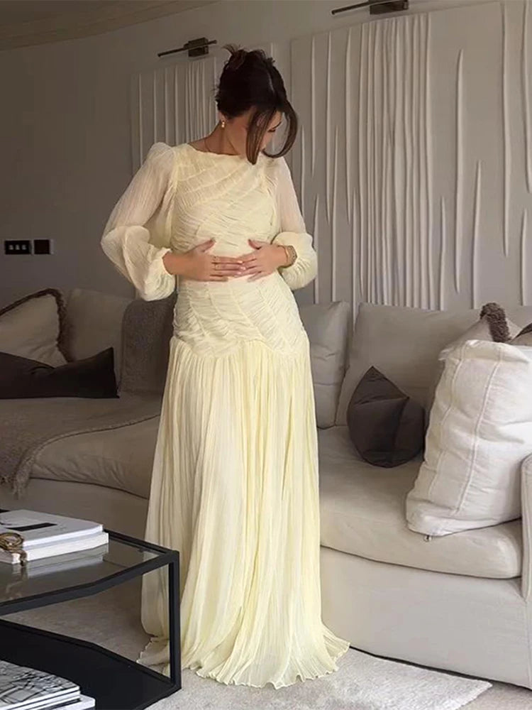 Elegant Pleated Long Lantern Sleeve Long Dress Women O-neck Folds Loose Holiday Beach Dresses 2025 Summer Commute Chic Vestidos