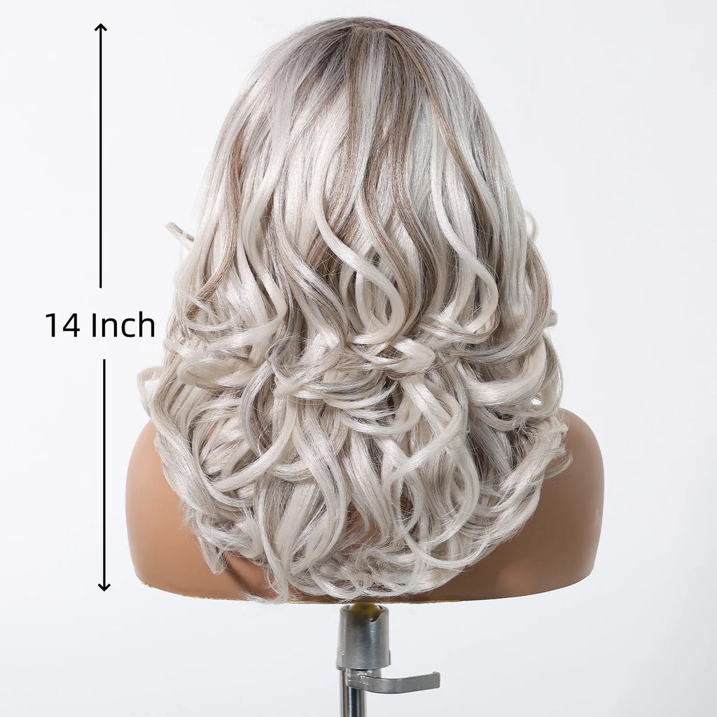 Gray White Highlight Synthetic Wigs 13*6 Transparent Swiss Lace Frontal Wigs Body Wave Long Curly Wigs for Women Elder Mommy Wig