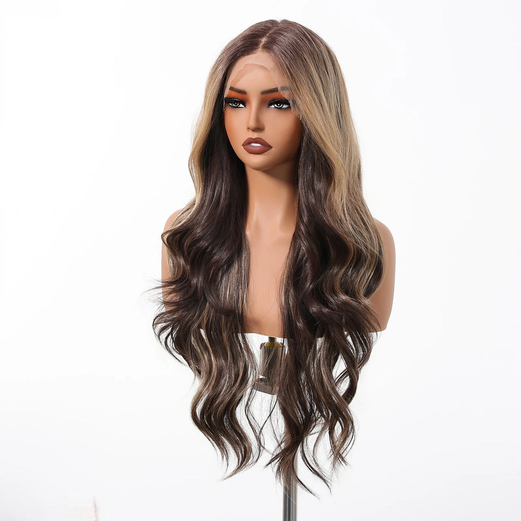 HENRY MARGU Brown Blonde Highlight Synthetic Wigs 13*6 Lace Front Long Wavy Fake Hair for Women Realistic Natural Wig Daily Use