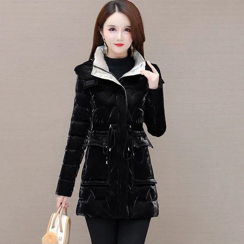 New Women's Down Cotton Coat Winter Warm Jacket Long Thick Bright Face Wash Padded Jackets Female Hooded Parker Overcoat Red 5XL