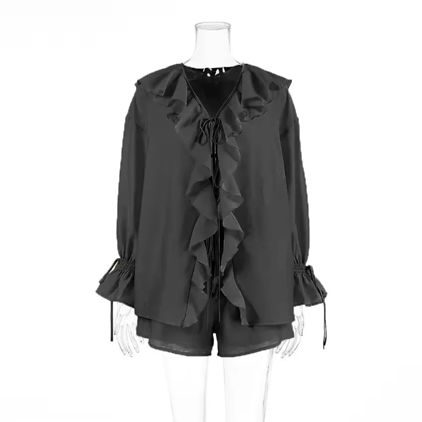 Casual Ruffled Shirt Shorts 2-Piece Set Women V Neck Flare Sleeve Lace-up Loose Blouse Shorts Suit Summer Beach Vacation Outfits
