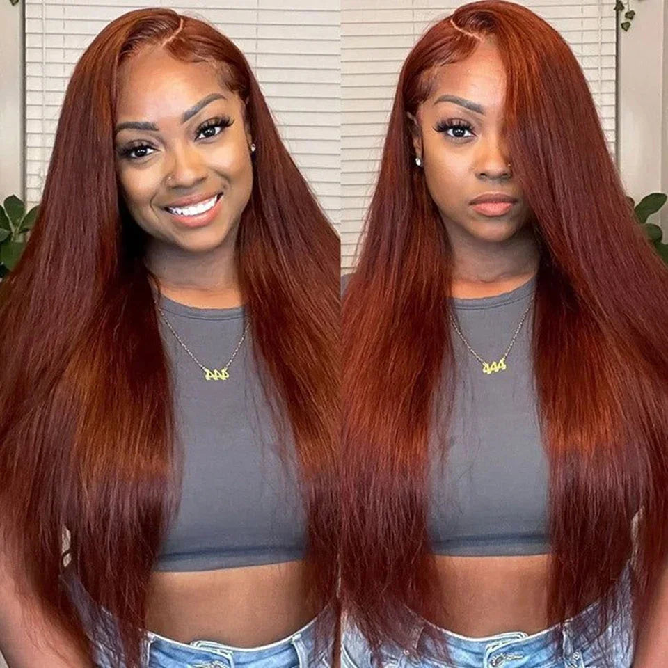 36 inch Reddish Brown Straight Wigs 13x6 HD Lace Human Hair Wig Pre Plucked Brazilian Colored Lace Frontal Wigs Human Wig 180%