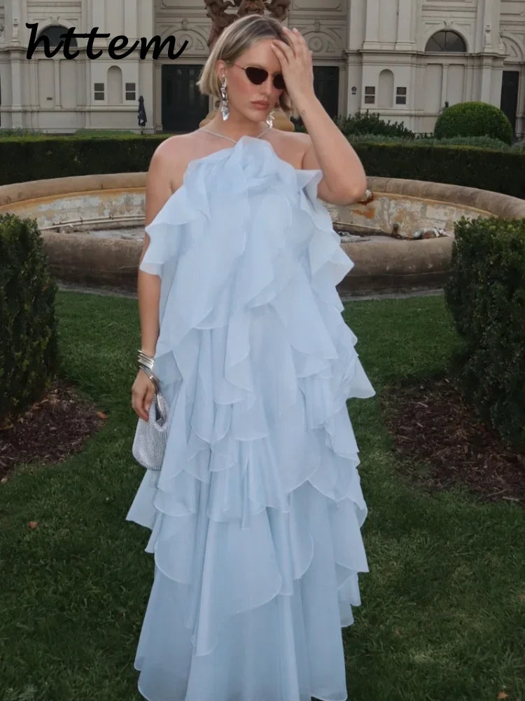 Sexy Cascading Ruffles Long Party Dress Women Halter Backless Sleeveless Blue Lace Up Dresses 2026 Summer Lady Chic Evening Gown