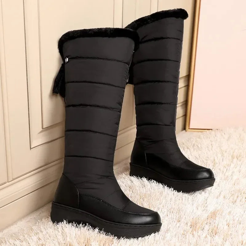 Waterproof Winter Shoes Woman Snow Boots 2026 Warm Fur Plush Casual Wedge Knee High Boots Girls Black White Rain Shoes Ladies