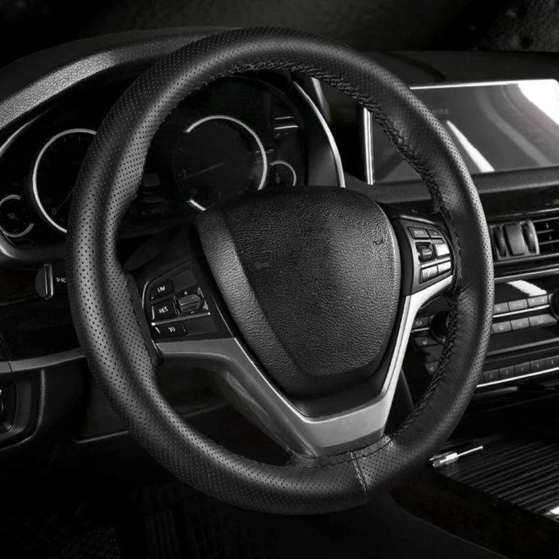 Universal Leather car steering wheel stitched on cover to fit 38cm 14 "DIY sewn breathable and non-slip black