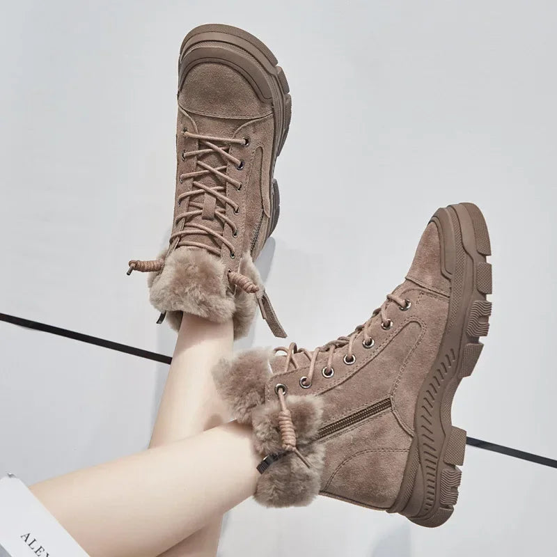 2026 Winter Shoes Women Snow Boots Thick Sole Warm Plush Cold Winter Shoes Genuine Leather Suede Women Ankle Boots