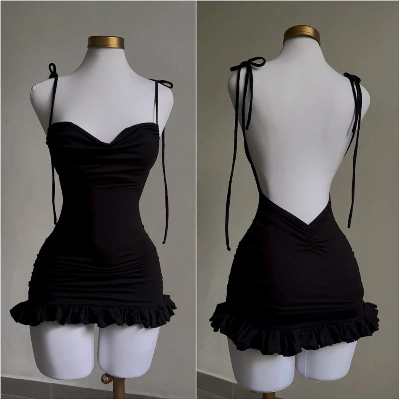 2026 European and American New High end Y2K Sexy Open Back Lace up Slim Fit Spicy Girl Short Skirt