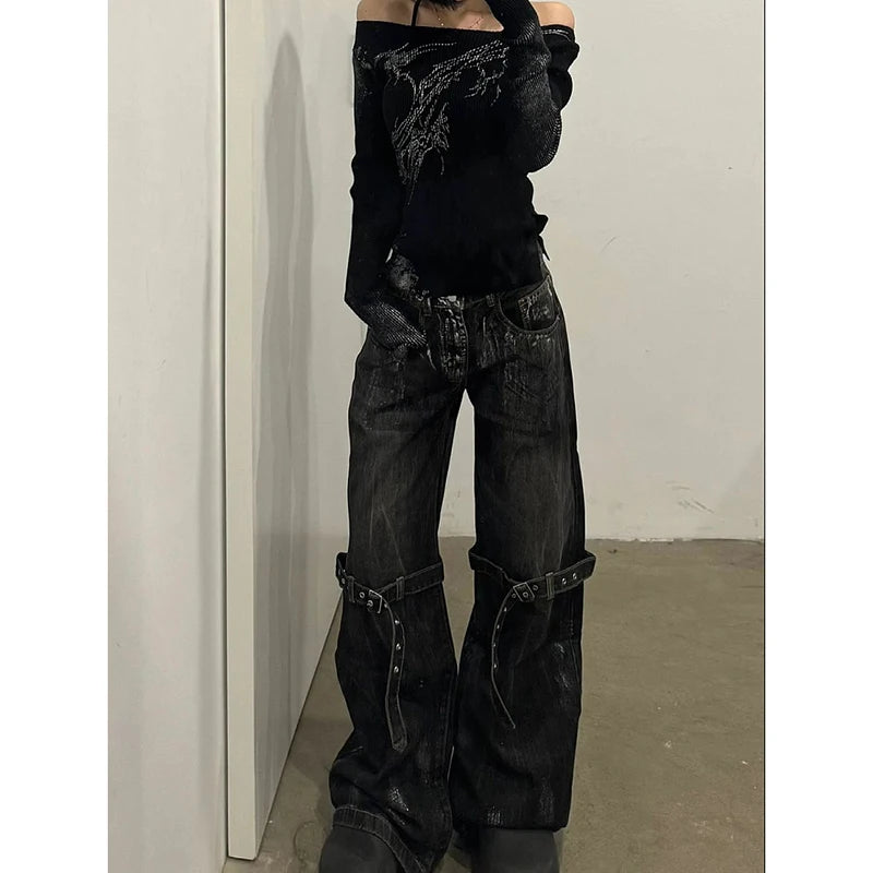 Black Women's Jeans High Waist Hip Hop Straight Fashion Pants Streetwear Harajuku Y2K Star 2026 Female Wide Leg Denim Trouser