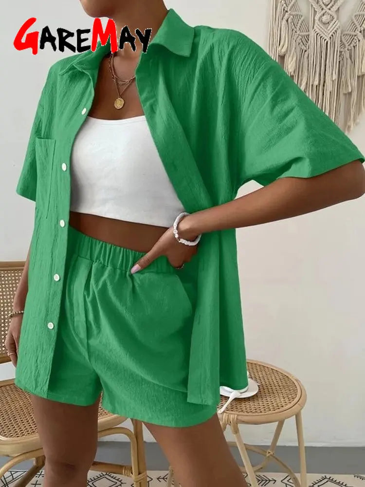 Women's Cotton Suit  Short Sleeve Casual Elegant Green Soild Two Piece Set Women Outfit Suit Shorts and Shirt for Women