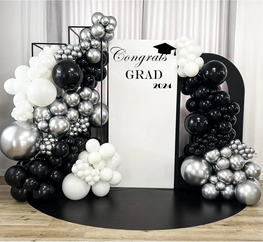 96Pcs Black and Silver White Balloon Garland Arch Kit with Stars and Disco Foil Balloons for Birthday Graduation Party Decor