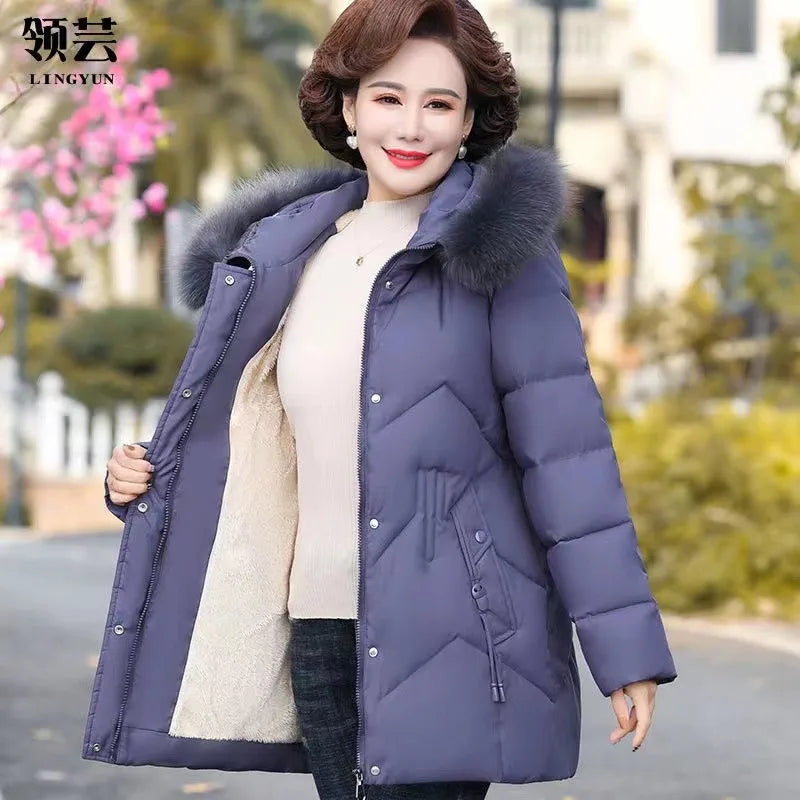 Winter Clothes New Medium Long Down Cotton Jacket Women Middle-aged Plush Thickened Cotton Jacket Female Outwear