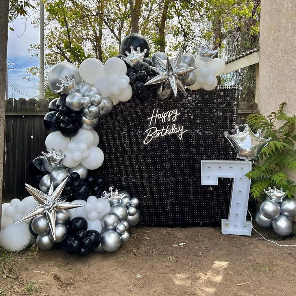 96Pcs Black and Silver White Balloon Garland Arch Kit with Stars and Disco Foil Balloons for Birthday Graduation Party Decor