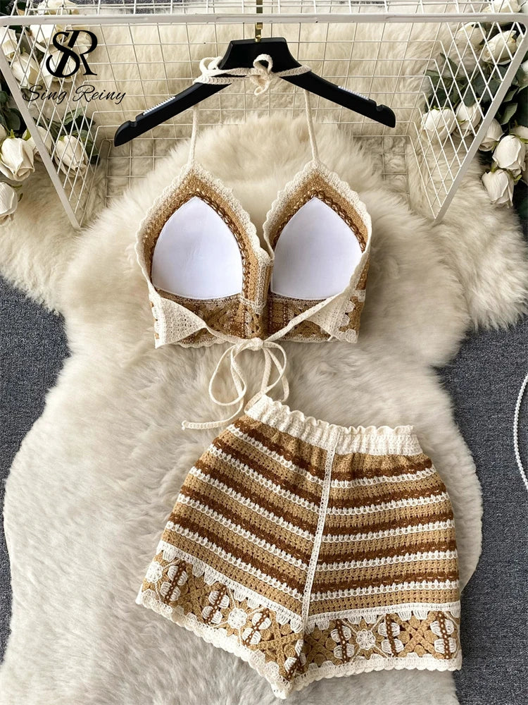 SINGREINY Summer Knit Beach Suit Women Short Camisole+ Hollow Out Wide Leg Shorts Fashion Vacation Stripe Casual Two Pieces Sets
