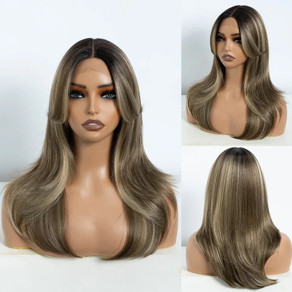 FREEDOM Straight Synthetic Lace Front Wigs For Black Women Ombre Blonde Brown Lace Wig 20 Inch Wig With Bangs Cosplay Lace Wig